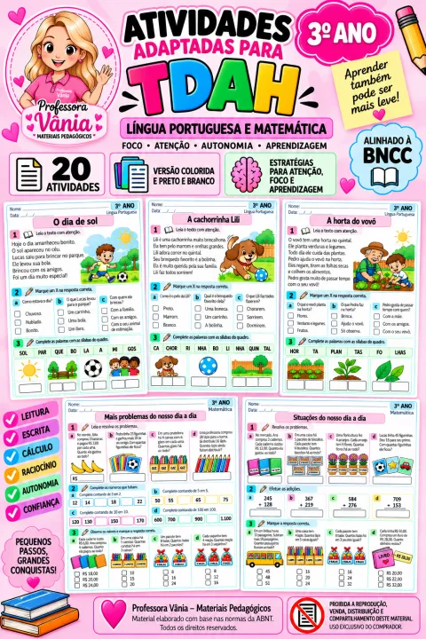 💗 ATIVIDADES ADAPTADAS PARA TDAH – 3º ANO 💗