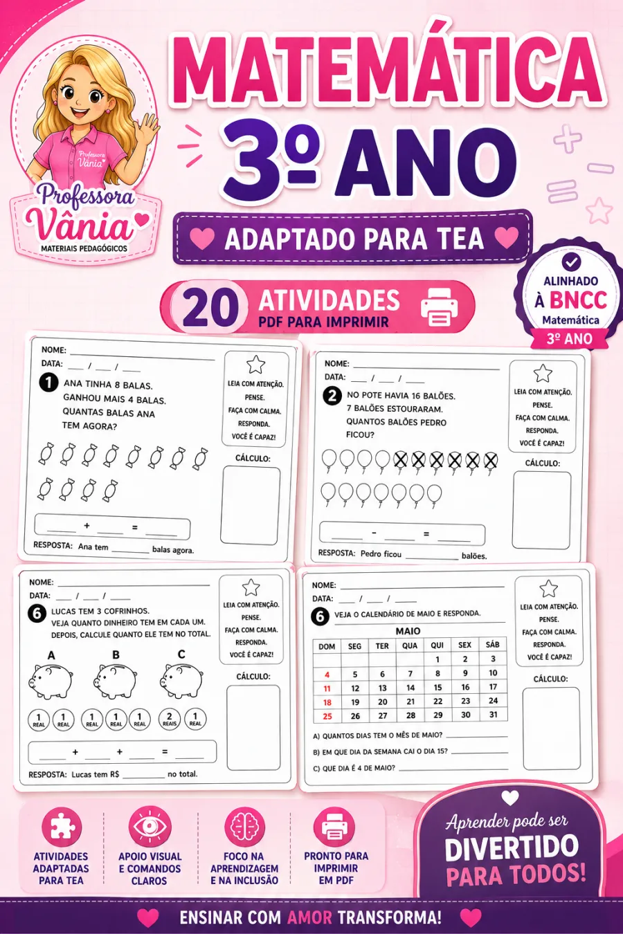 📚 MATEMÁTICA – 3º ANO | ADAPTADO PARA TEA 🧩✏️